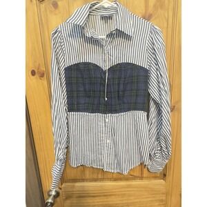 Greysn Striped Plaid Button Down Blouse M‎ Corset Peplum Shirt Blue White Grunge